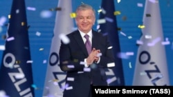 Uzbek President-Elect Shavkat Mirziyoyev appears at an October 25, 2021 celebration of his official win of Uzbekistan's 2021 presidential elections.