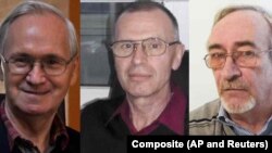 (Left to right) Former State Institute of Organic Synthesis Technology scientists Vil Mirzayanov, Vladimir Uglyov, and Leonid Rink