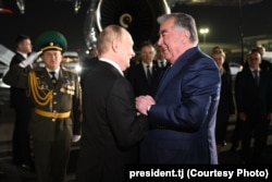 Эмомали Рахмон встречает Владимира Путина в Душанбе, 8 октября 2025 года