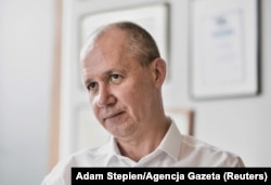 Belarusian opposition figure Valer Tsapkala is pictured during a meeting at the headquarters of the Agora Group media company in Warsaw, Poland on August 19, 2020.